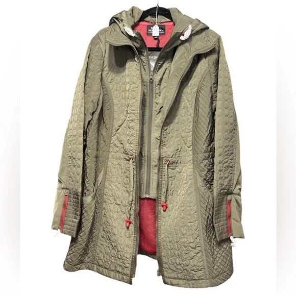 Montana Co Quilted Trench Barn Utility Coat Olive Green Removable Bib & Hood